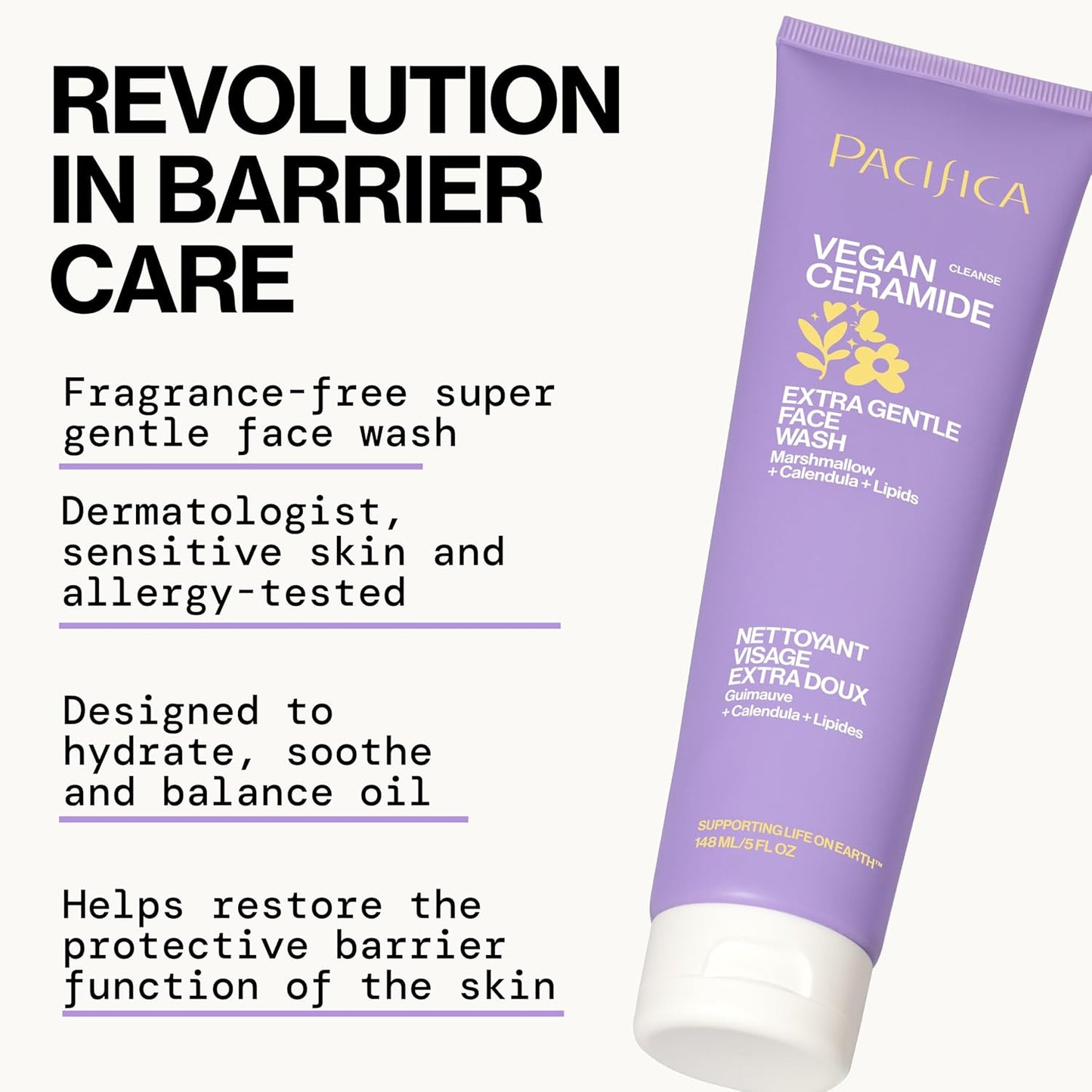 Face Wash Cleanser Vegan Ceramide Barrier Repair Extra Gentle for Daily Use Daily for Sensitive Skin, Fragrance Free, Calendula, Vegan & Cruelty-Free Dermatologist Tested